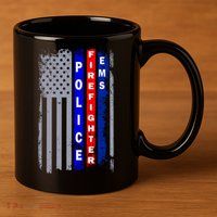 Police Firefighter EMS American Flag 11oz C Handle Ceramic Mug