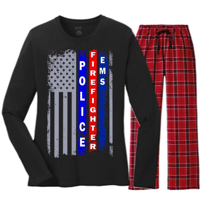 Police Firefighter EMS American Flag Women's Long Sleeve Flannel Pajama Set 