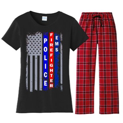 Police Firefighter EMS American Flag Women's Flannel Pajama Set