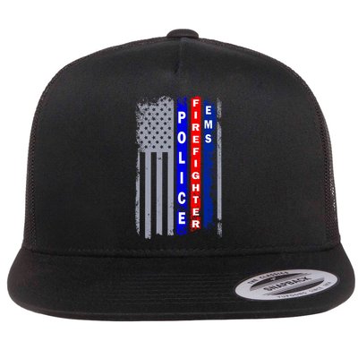 Police Firefighter EMS American Flag Flat Bill Trucker Hat