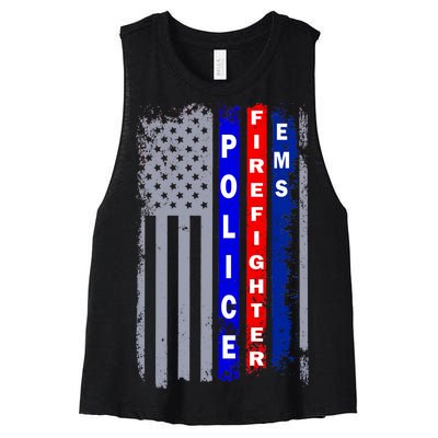 Police Firefighter EMS American Flag Women's Racerback Cropped Tank