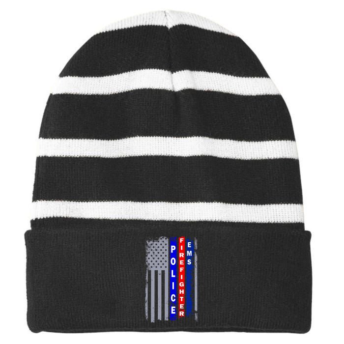 Police Firefighter EMS American Flag Striped Beanie with Solid Band