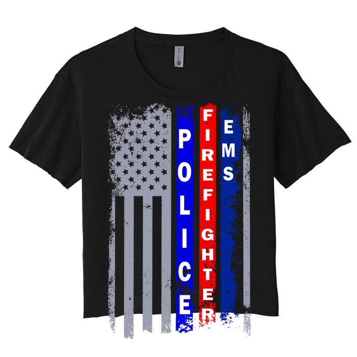 Police Firefighter EMS American Flag Women's Crop Top Tee