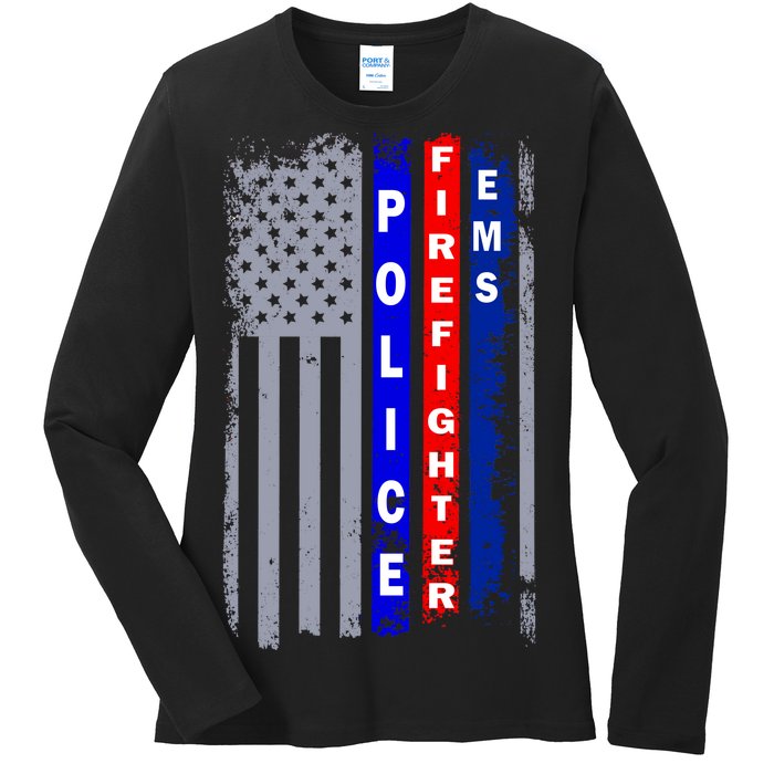 Police Firefighter EMS American Flag Ladies Long Sleeve Shirt