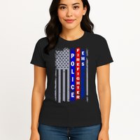 Police Firefighter EMS American Flag Womens T-Shirt