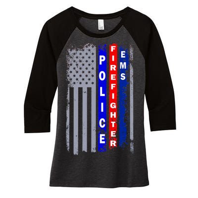 Police Firefighter EMS American Flag Women's Tri-Blend 3/4-Sleeve Raglan Shirt