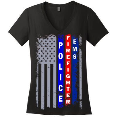 Police Firefighter EMS American Flag Women's V-Neck T-Shirt