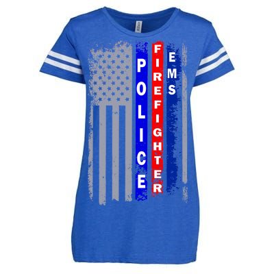 Police Firefighter EMS American Flag Enza Ladies Jersey Football T-Shirt