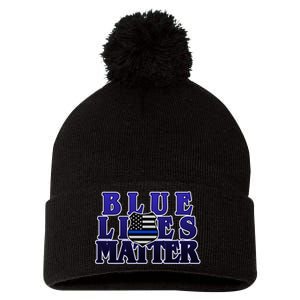 Police Shield Blue Lives Matter Pom Pom 12in Knit Beanie