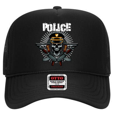 Police Skull High Crown Mesh Back Trucker Hat