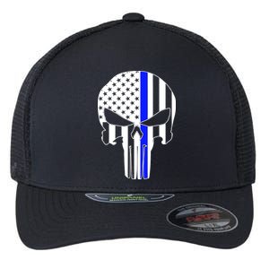 Police USA Skull Thin Blue Line Flexfit Unipanel Trucker Cap