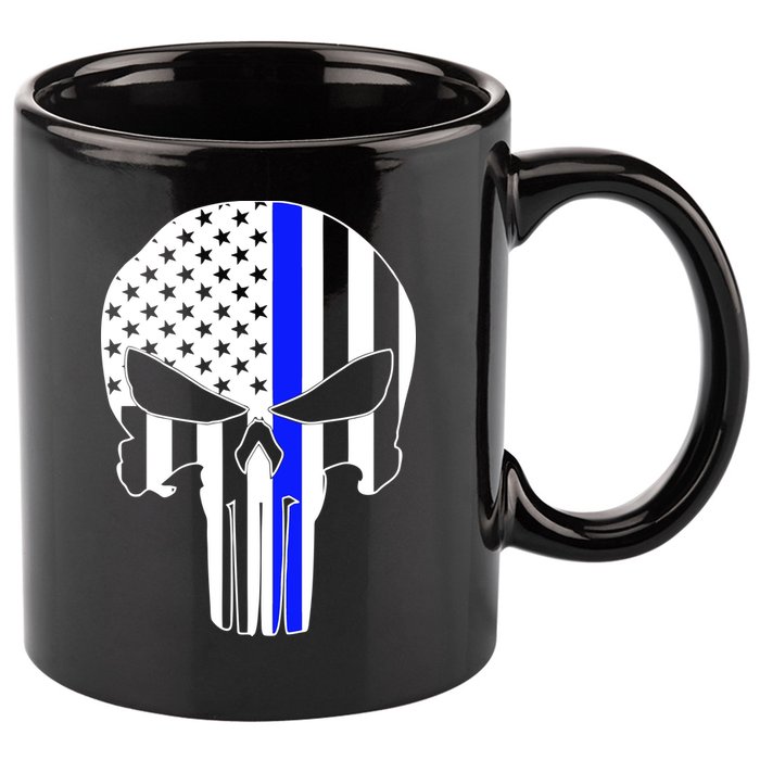 Police USA Skull Thin Blue Line 11oz C Handle Ceramic Mug