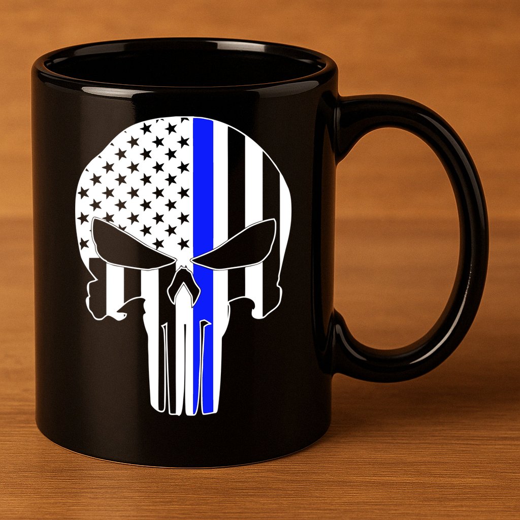 Police USA Skull Thin Blue Line 11oz C Handle Ceramic Mug