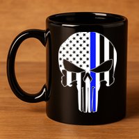 Police USA Skull Thin Blue Line 11oz C Handle Ceramic Mug