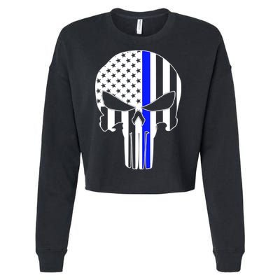 Police USA Skull Thin Blue Line Cropped Pullover Crew