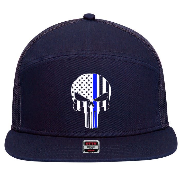 Police USA Skull Thin Blue Line 7 Panel Mesh Trucker Snapback Hat