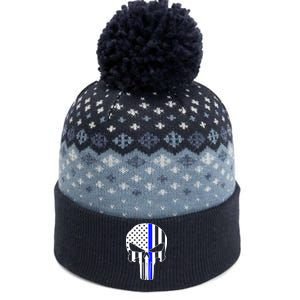 Police USA Skull Thin Blue Line The Baniff Cuffed Pom Beanie