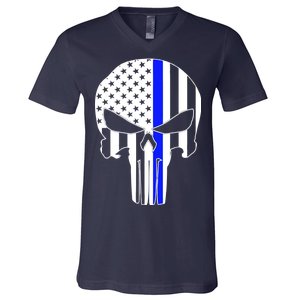 Police USA Skull Thin Blue Line V-Neck T-Shirt