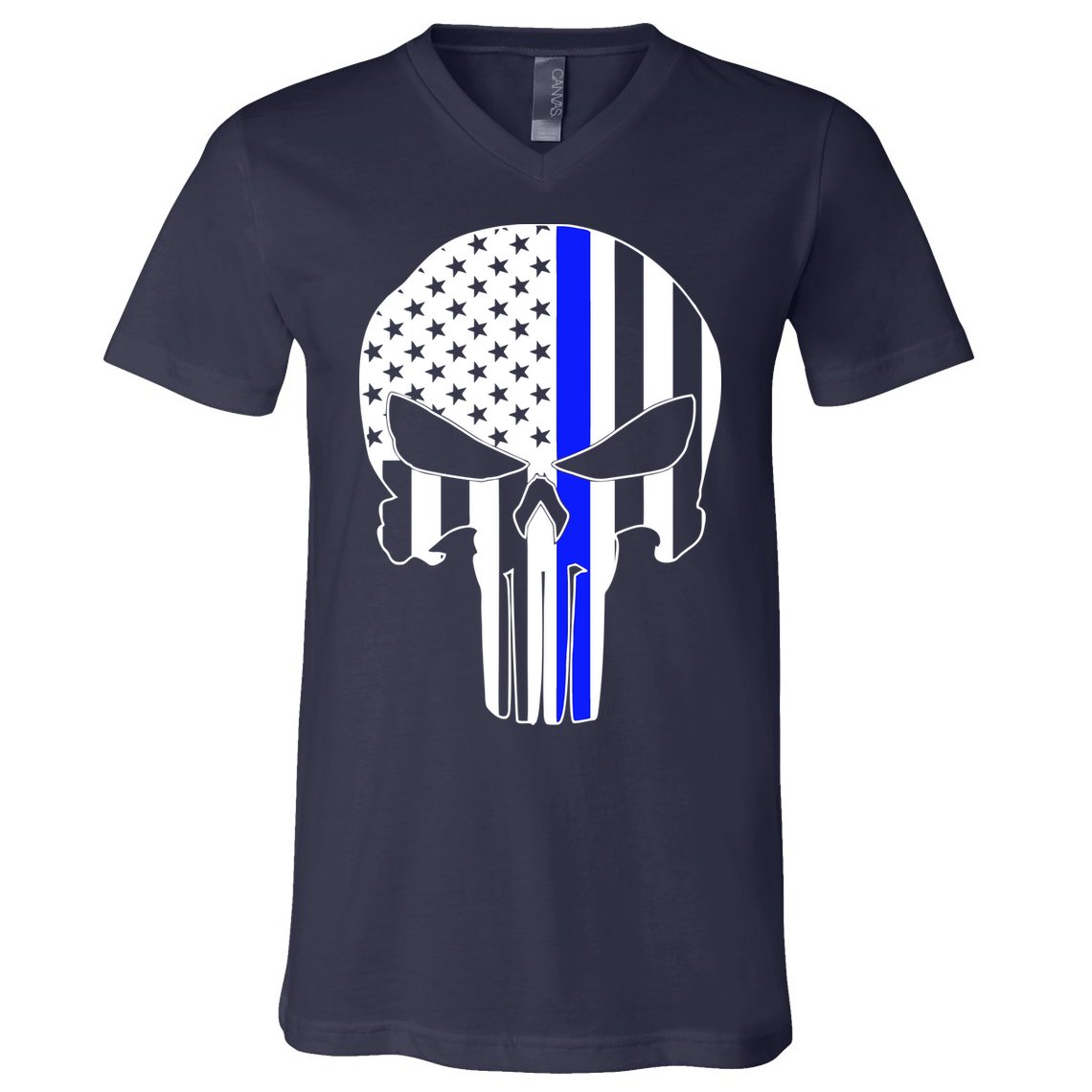Police USA Skull Thin Blue Line V-Neck T-Shirt