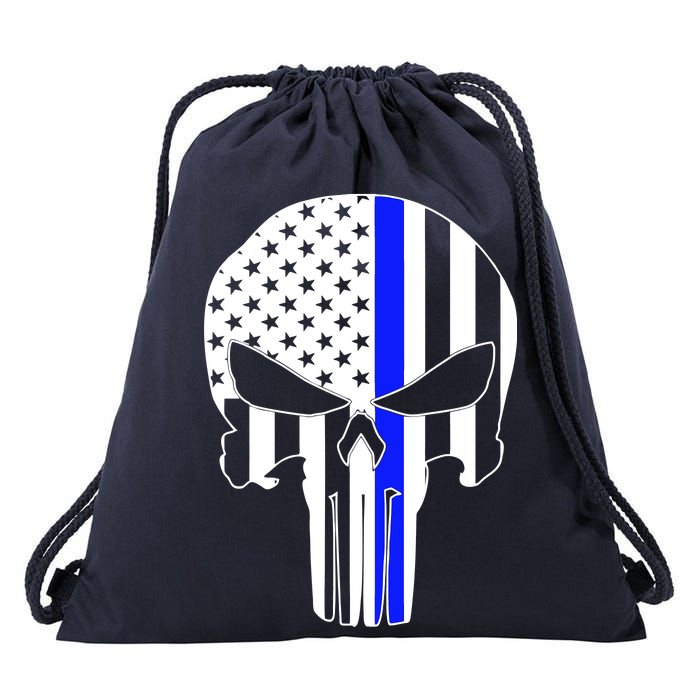 Police USA Skull Thin Blue Line Drawstring Bag