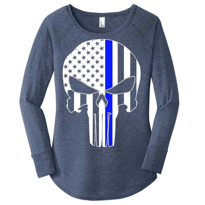 Police USA Skull Thin Blue Line Women's Perfect Tri Tunic Long Sleeve Shirt