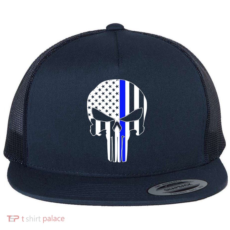 Police USA Skull Thin Blue Line Flat Bill Trucker Hat