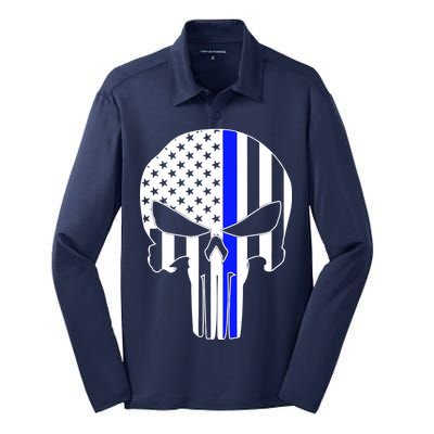 Police USA Skull Thin Blue Line Silk Touch Performance Long Sleeve Polo