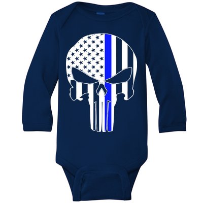 Police USA Skull Thin Blue Line Baby Long Sleeve Bodysuit