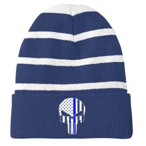 Police USA Skull Thin Blue Line Striped Beanie with Solid Band