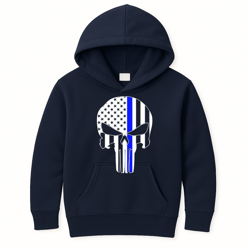 Police USA Skull Thin Blue Line Kids Hoodie