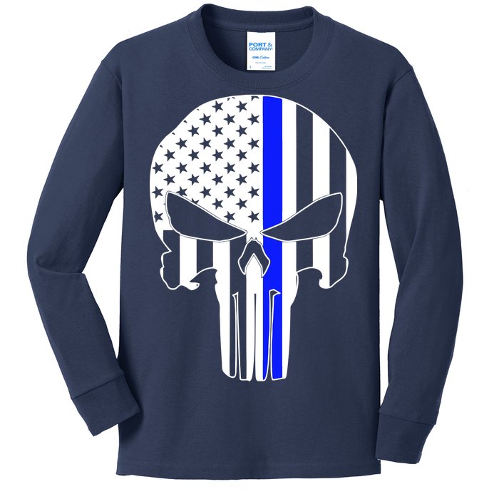 Police USA Skull Thin Blue Line Kids Long Sleeve Shirt