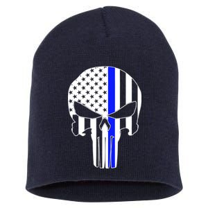 Police USA Skull Thin Blue Line Short Acrylic Beanie