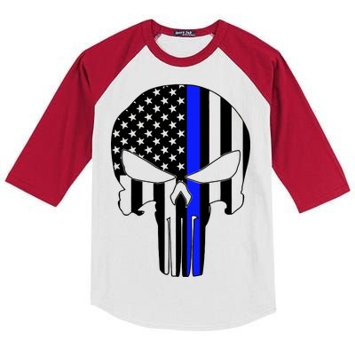 Police USA Skull Thin Blue Line Kids Colorblock Raglan Jersey