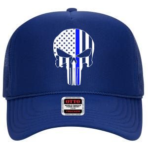 Police USA Skull Thin Blue Line High Crown Mesh Back Trucker Hat