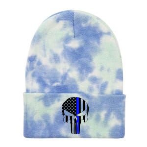 Police USA Skull Thin Blue Line Tie Dye 12in Knit Beanie