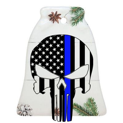 Police USA Skull Thin Blue Line Ceramic Bell Ornament