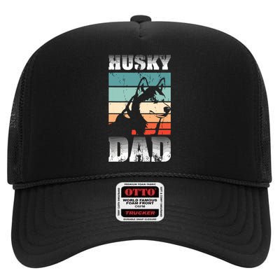 Pet Owner Men Husky Dad Fathers Day Dog Animal Retro Husky High Crown Mesh Back Trucker Hat