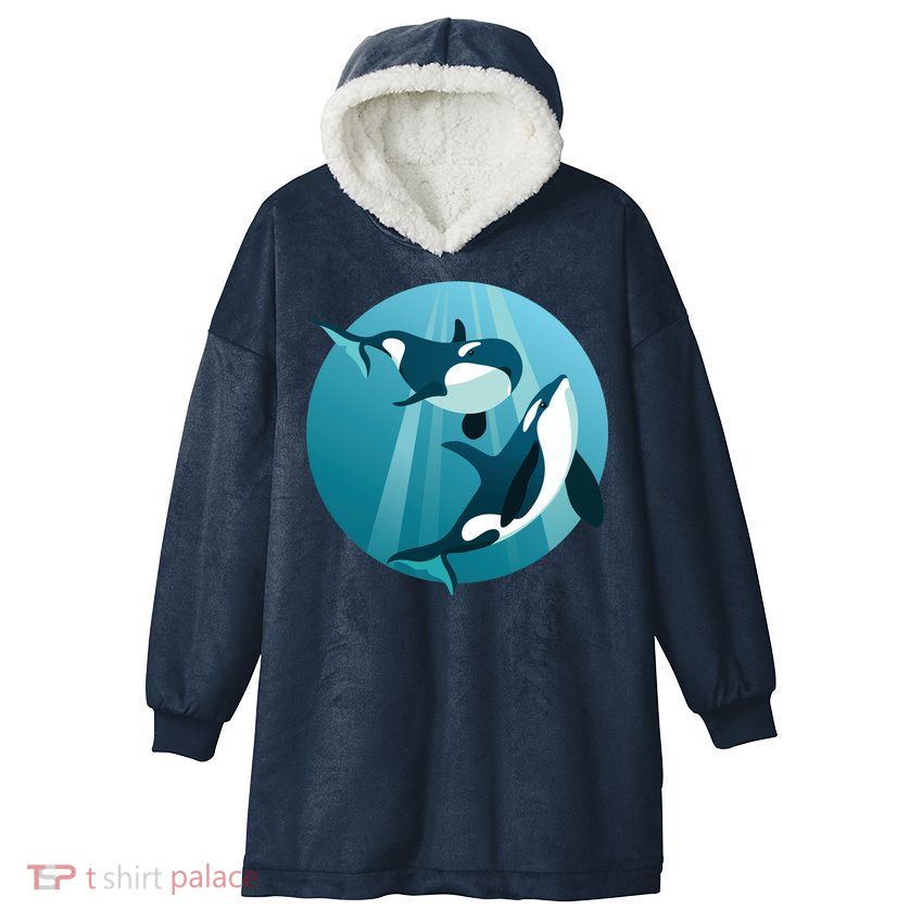 Pair Of Orcas Swimming Hooded Wearable Blanket