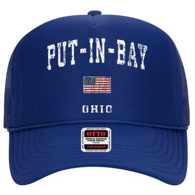 Putinbay Ohio Oh Vintage American Flag Sports Design High Crown Mesh Back Trucker Hat