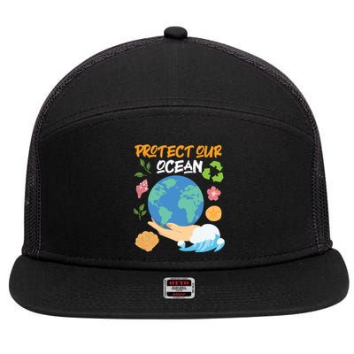 Protect Our Ocean Earth Day Design Gift 7 Panel Mesh Trucker Snapback Hat