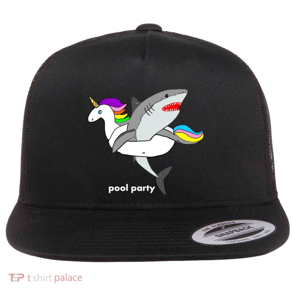 Pool Party Funny Shark in Unicorn Float Flatbill Hat