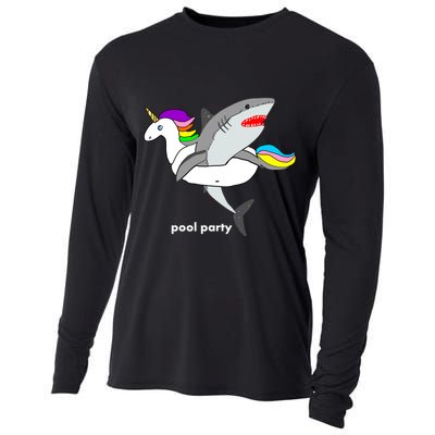 Pool Party Funny Shark in Unicorn Float Cooling Performance Long Sleeve Crew