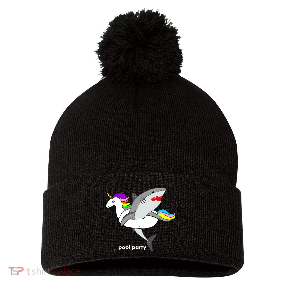 Pool Party Funny Shark in Unicorn Float Pom Pom 12in Knit Beanie