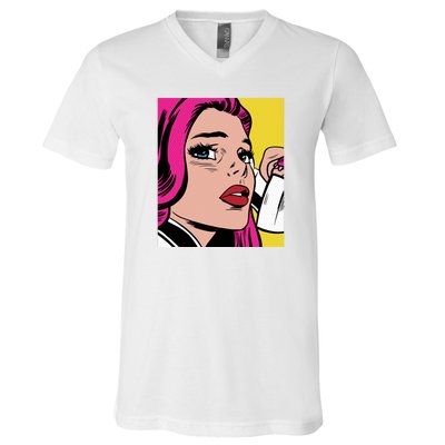 Pop Art Girl Phone V-Neck T-Shirt