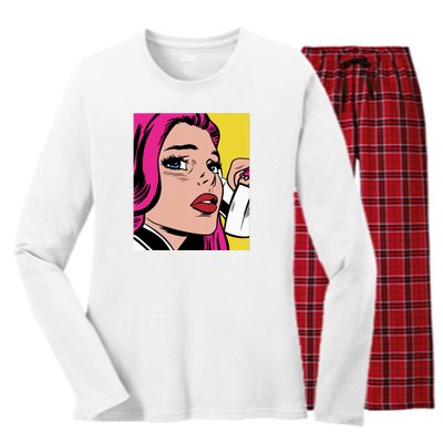 Pop Art Girl Phone Women's Long Sleeve Flannel Pajama Set 