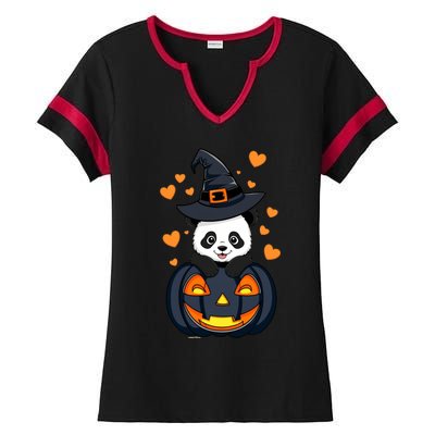 Panda On Pumpkin Witch Hat Pumpkin Face Halloween Panda Ladies Halftime Notch Neck Tee