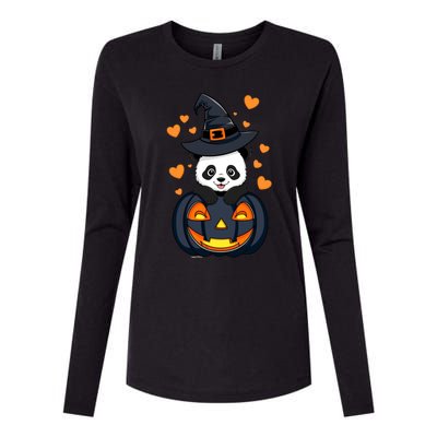 Panda On Pumpkin Witch Hat Pumpkin Face Halloween Panda Womens Cotton Relaxed Long Sleeve T-Shirt