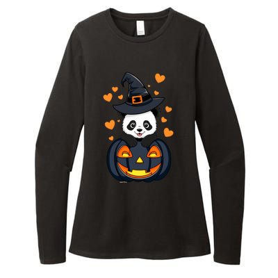 Panda On Pumpkin Witch Hat Pumpkin Face Halloween Panda Womens CVC Long Sleeve Shirt