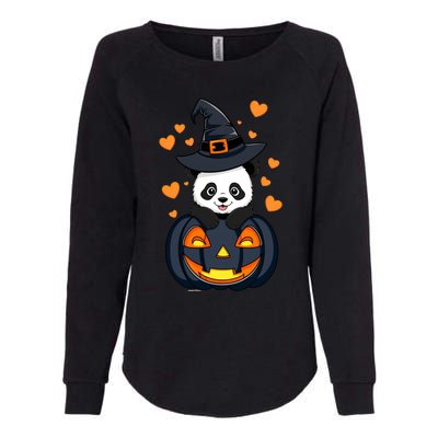 Panda On Pumpkin Witch Hat Pumpkin Face Halloween Panda Womens California Wash Sweatshirt