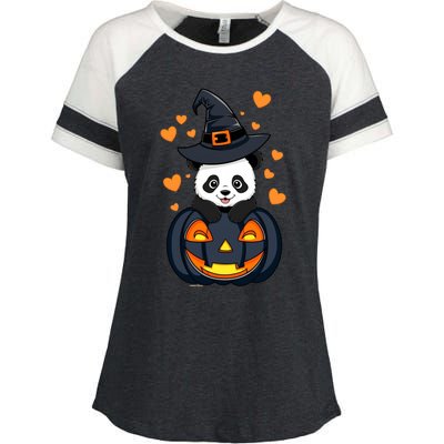 Panda On Pumpkin Witch Hat Pumpkin Face Halloween Panda Enza Ladies Jersey Colorblock Tee